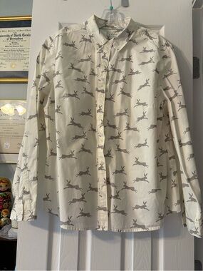 Boden Cream Button-Down Shirt with Taupe Hare Print
